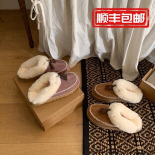 桑坡秋季新款真皮舒适保暖流苏溢毛包头拖休闲外穿懒人毛毛拖鞋女