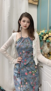 夏季新款复古旗袍民国风晕染花朵印花肚兜上衣+一片式半身裙套装