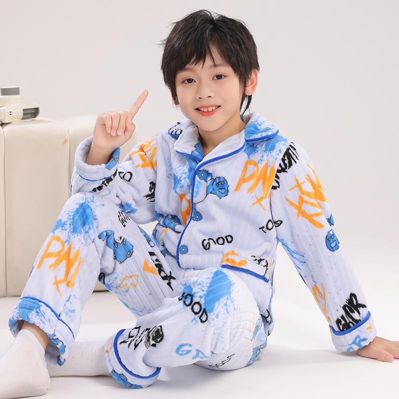 新款儿童法兰绒睡衣秋冬款加绒