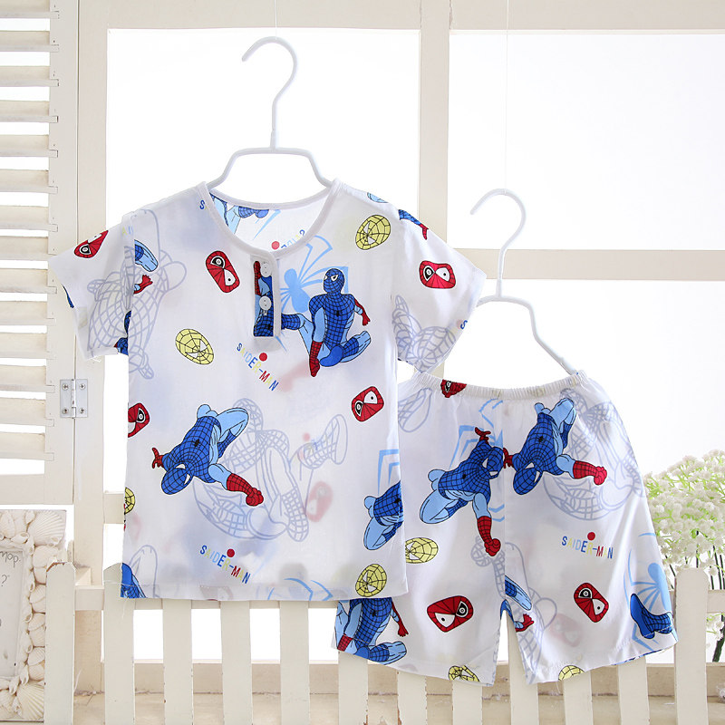 春夏季儿童睡衣绵绸男童女童小孩短袖宝宝棉绸家居服薄款空调套装