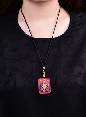 保真正品朱砂红砂彩绘黄财神项链吊坠毛衣链红色祝福礼物春节礼品