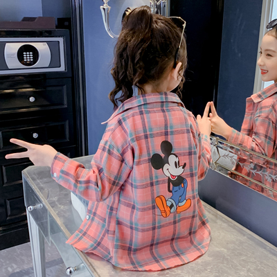 女童卡通纯棉格子衬衫外套
