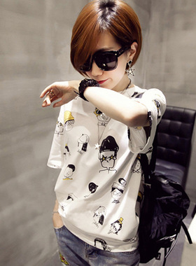 2026 women clothes夏季新款港风搞怪卡通混纺棉打底衫学生休闲短