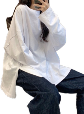 2026 women clothes秋装开叉纯色长袖T恤女时尚打底衫韩版潮学生