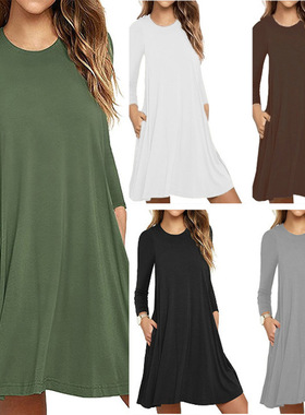 women clothes秋冬新款女装wishebay新款纯色长袖口袋连衣裙