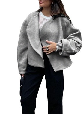 2026 women clothes年冬欧美新款白色呢子开衫外套扇形无扣开襟设