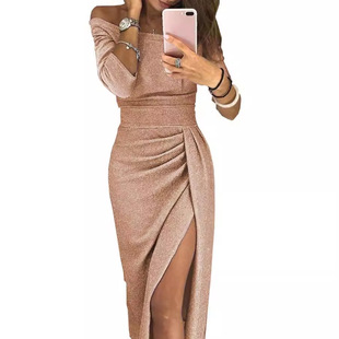 2026 women clotheseBay女士包臀开衩一字领连衣裙亮晶晶礼服裙晚