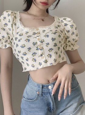 2026 women clothes夏季美式复古风碎花华夫格短款T恤女方领泡泡