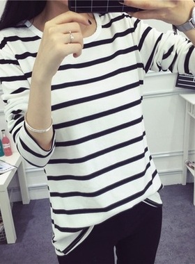 2026 women clothes韩版大码宽松黑白条纹打底衫上衣学生长袖T恤