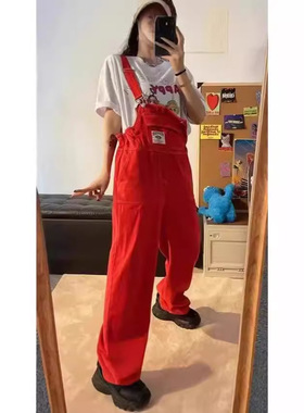 women clothes美式复古红色牛仔背带裤女夏设计感小众宽松显瘦裤