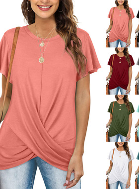 women clothes外贸欧美女装热卖跨境圆领纯色扭结短袖T恤