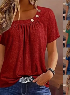 women clothes牛新欧美时尚女装上衣短袖纯色三粒扣子