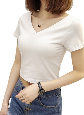 2026 women clothes夏季韩版前后V领女装短袖T恤女ins黑白纯色紧