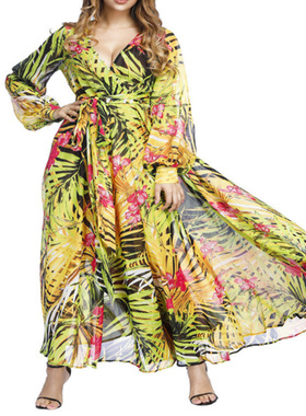 2026 women clothes跨境夏季新欧美灯笼袖性感深V印花 连衣裙绿色