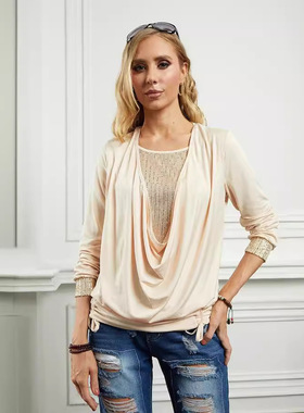 women clothes春季欧美跨境珠片撞净色长袖女装大坠领宽松抽褶假