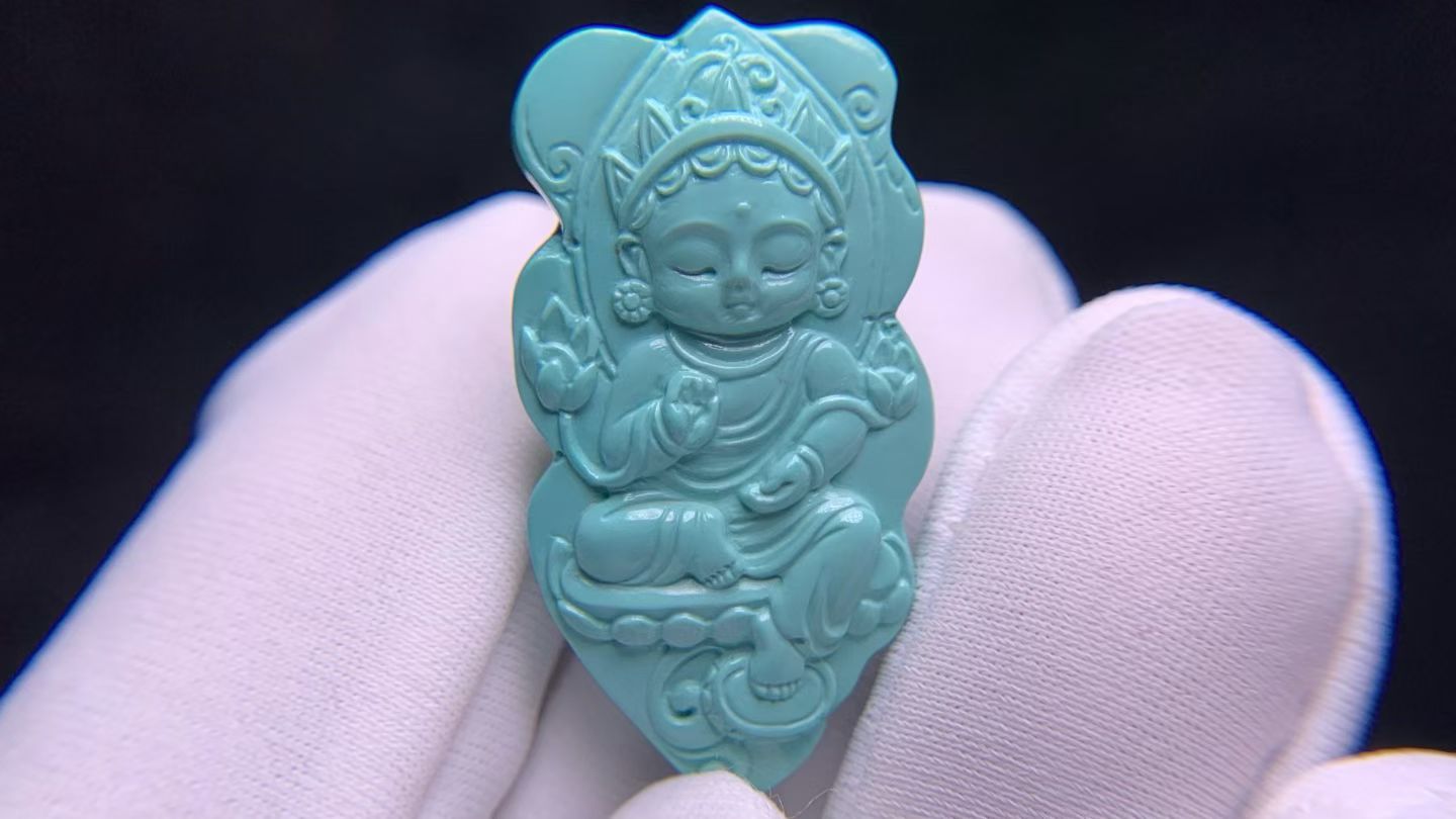 湖北十堰矿区天然原矿高瓷绿松石精工雕刻宝宝佛观音吊坠挂件配饰