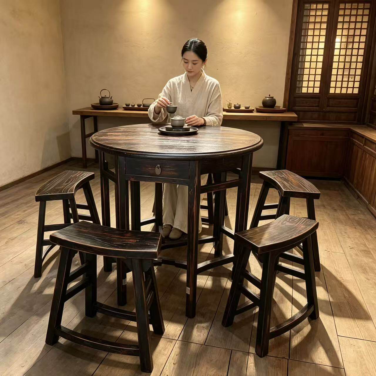 老榆木侘寂风榫卯圆餐桌咖啡店