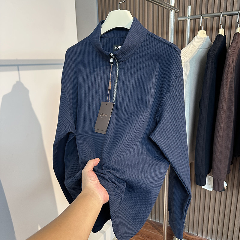 轻奢品牌 秋冬户外运动纯色休闲半拉链立领卫衣华夫格套头打底衫
