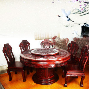 红木餐桌血檀金玉满堂餐桌圆桌实木餐桌椅1.38圆台 前明红木家具
