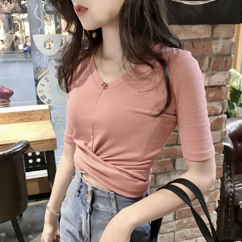 春夏鸡心领短袖性感紧身显瘦v领露脐短款高腰修身小心机t恤衫上衣