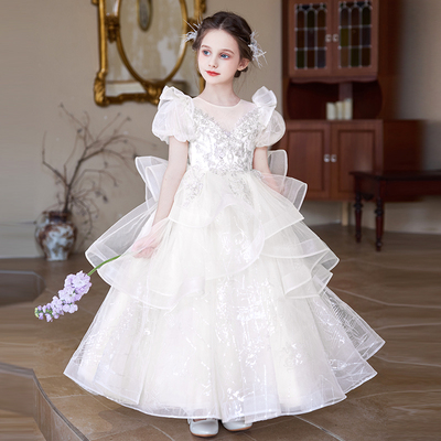 女童礼服高端公主裙花童婚纱儿童小主持人走秀白色钢琴演出服长裙