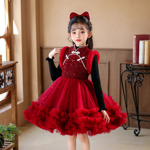 加绒蓬蓬新年装 秋冬装 洋气连衣裙子2025新款 女童公主裙礼服儿童装