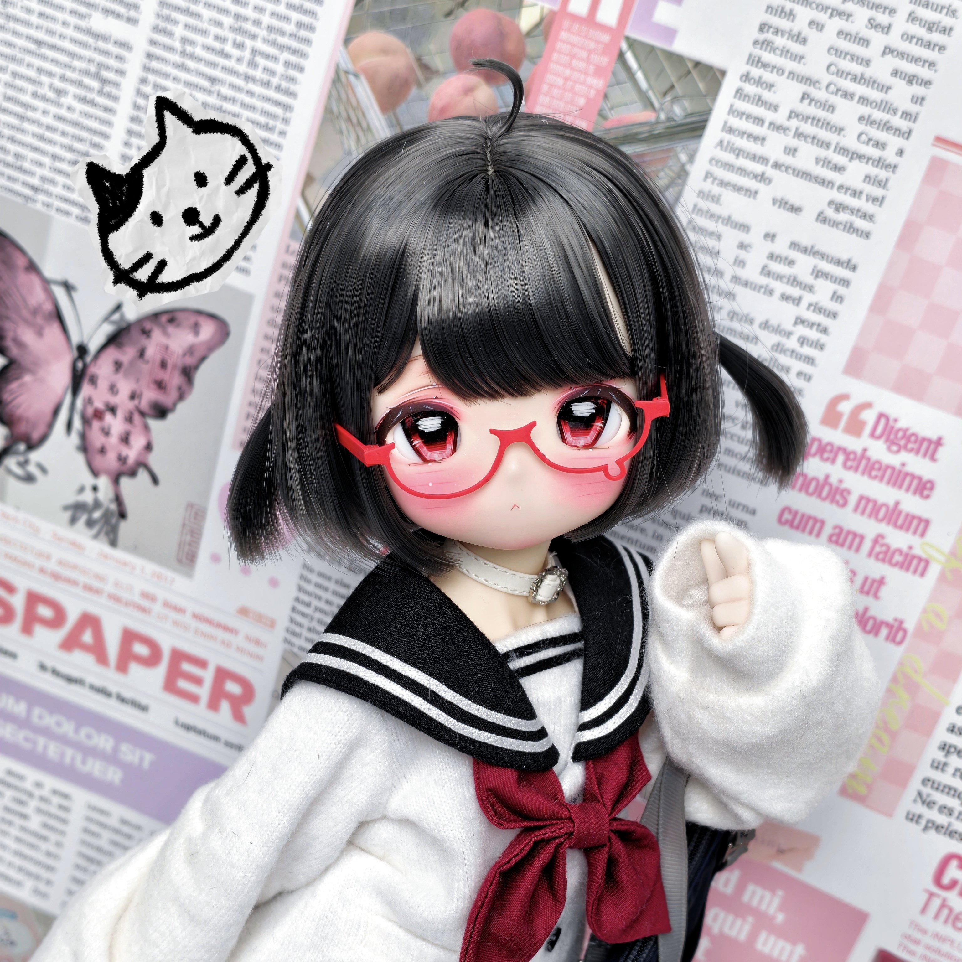 桃气岛屿BJD假发二次元呆毛双揪揪三插六短发手改毛成品