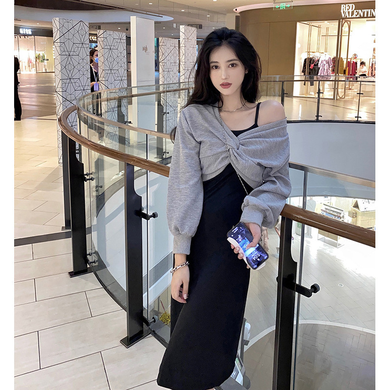 春秋2024新款套装扭折卫衣上衣+吊带裙连衣长裙两件套女甜辣裙子