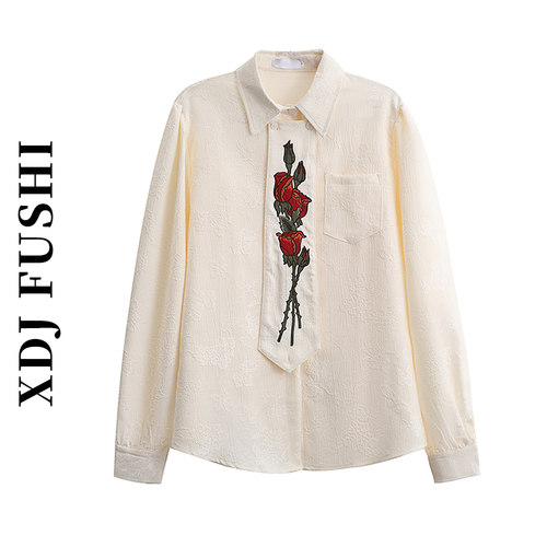 衬衫玫瑰刺绣长袖肌理纹设计感