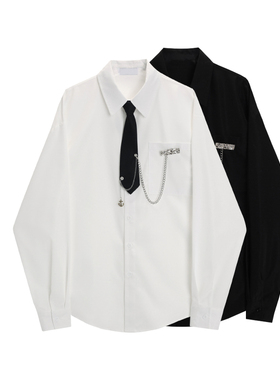 美式高街痞帅白色领带长袖衬衫女春秋季小众设计高级感休闲衬衣