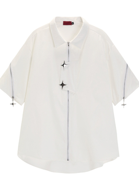 夏季新款宽松POLO领上衣美式复古小众设计感星星白色短袖衬衫女潮