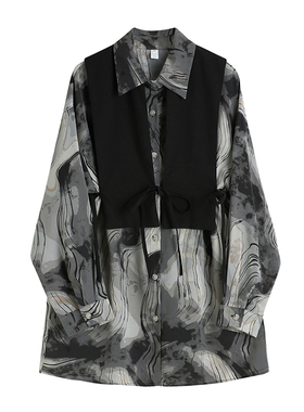 2026春季ins复古泼墨晕染长袖衬衫绑带马甲背心两件套衬衣女上衣