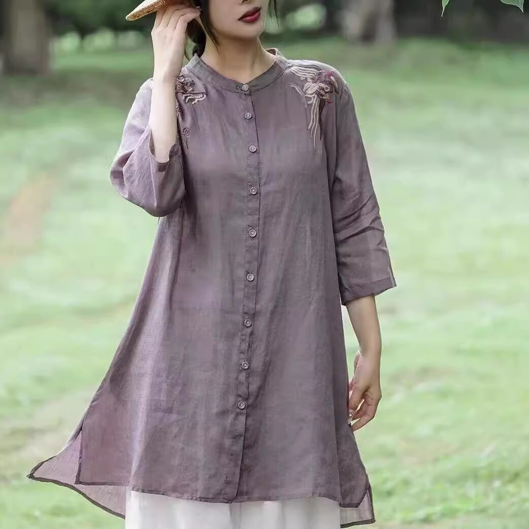 2025夏季棉麻刺绣开衫女宽松立领