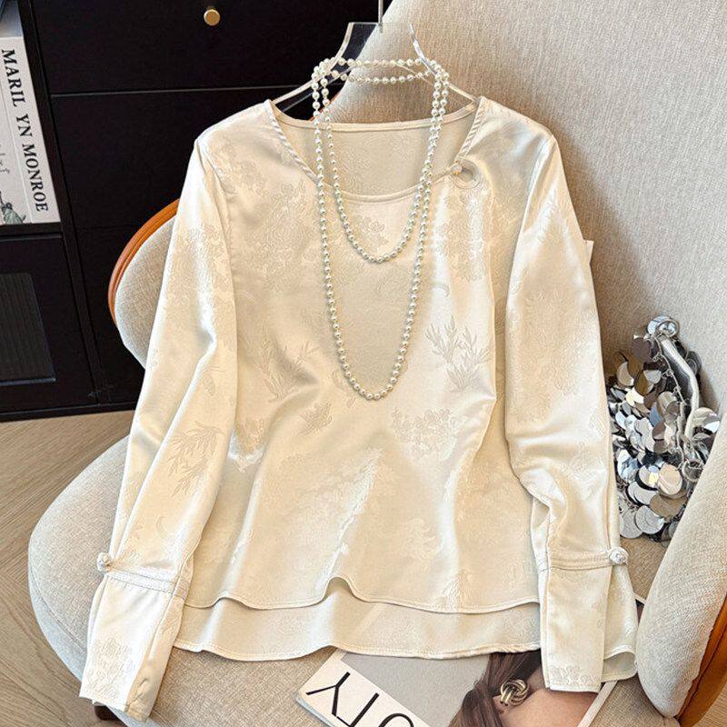 新中式马甲内搭打底衫复古文艺上衣女长袖小衫提花纯色国风衬衫女