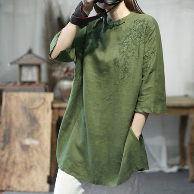 品牌牛货尾货女装中式改良茶服上衣复古刺绣棉麻茶服衬衫