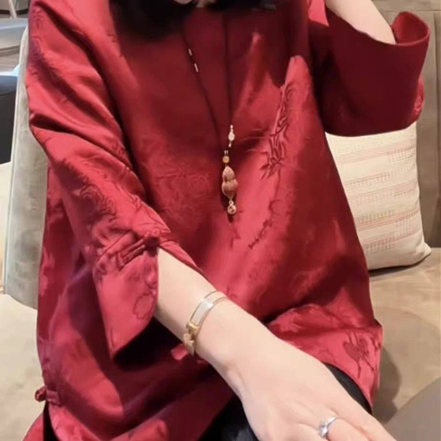 国风新中式七分袖提花上衣女春夏季新款时尚气质宽松显瘦小衫衬衫