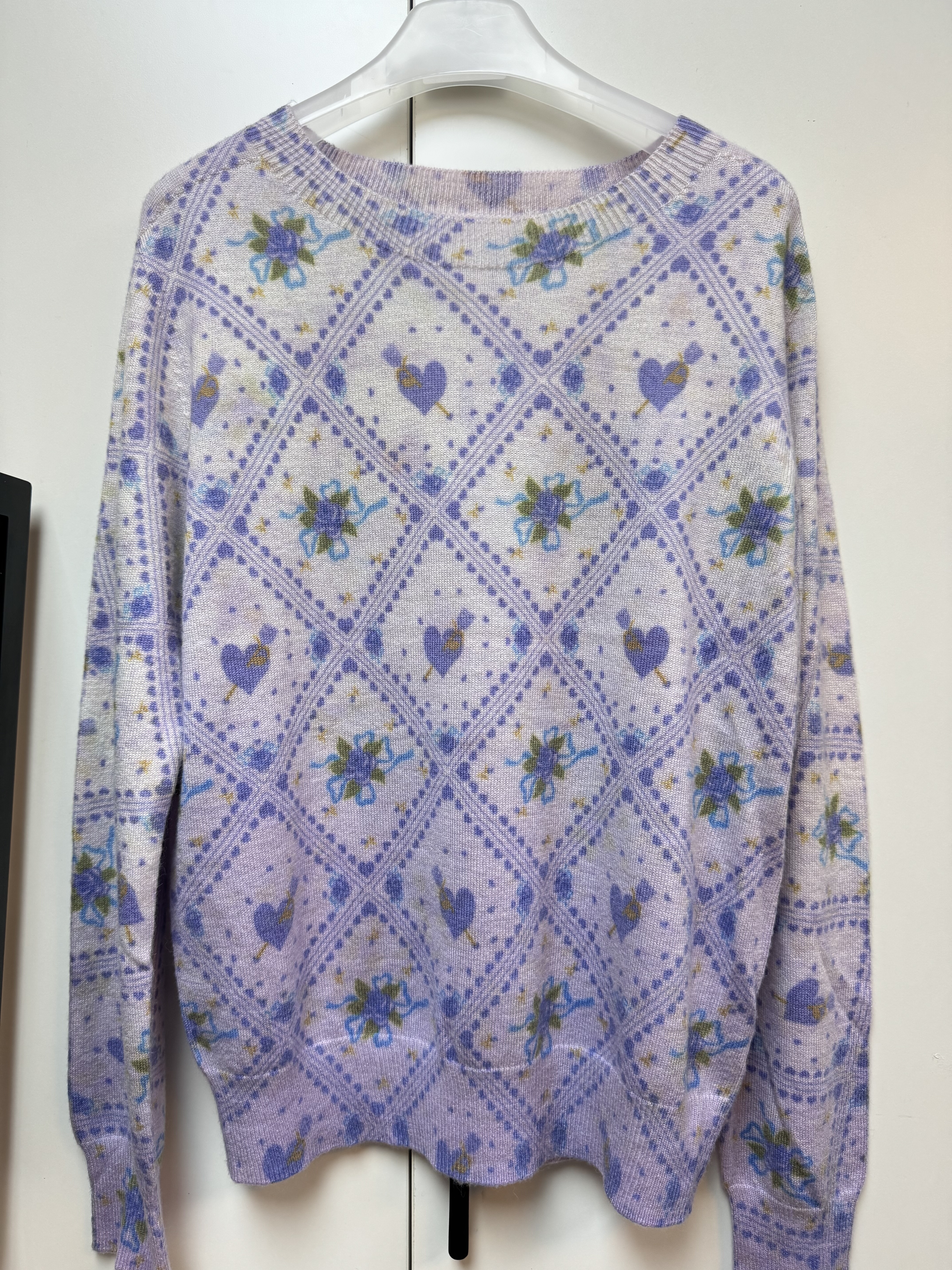 100%绵羊毛文艺清新花卉圆领针织毛衣亲肤保暖秋冬植物印花上衣