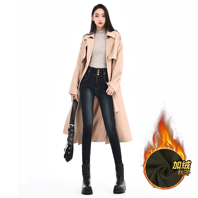 加绒小脚牛仔裤女装2025新款秋冬高腰显瘦百搭紧身三排扣铅笔裤子