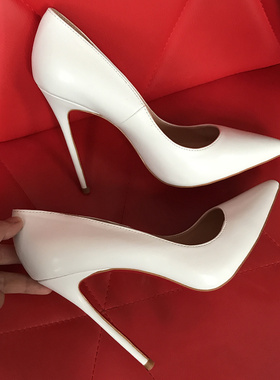 实拍纯白色哑光白色漆皮尖头浅口露趾网红明星同款女神12cm高跟鞋