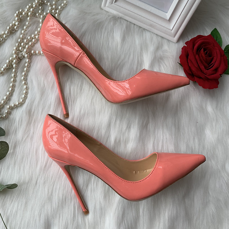 糖果色西瓜粉红漆皮尖头浅口森女公主女神12cm超细铁跟显高瘦单鞋