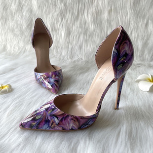 实拍！欧美外贸紫色古典优雅复古印花中空侧漏12cm恨天高女高跟鞋