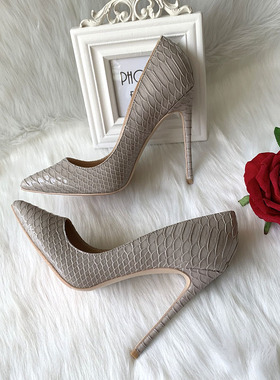 抖音网红明星同款灰色漆皮尖头浅口夜店宴会party12cm超细高跟单