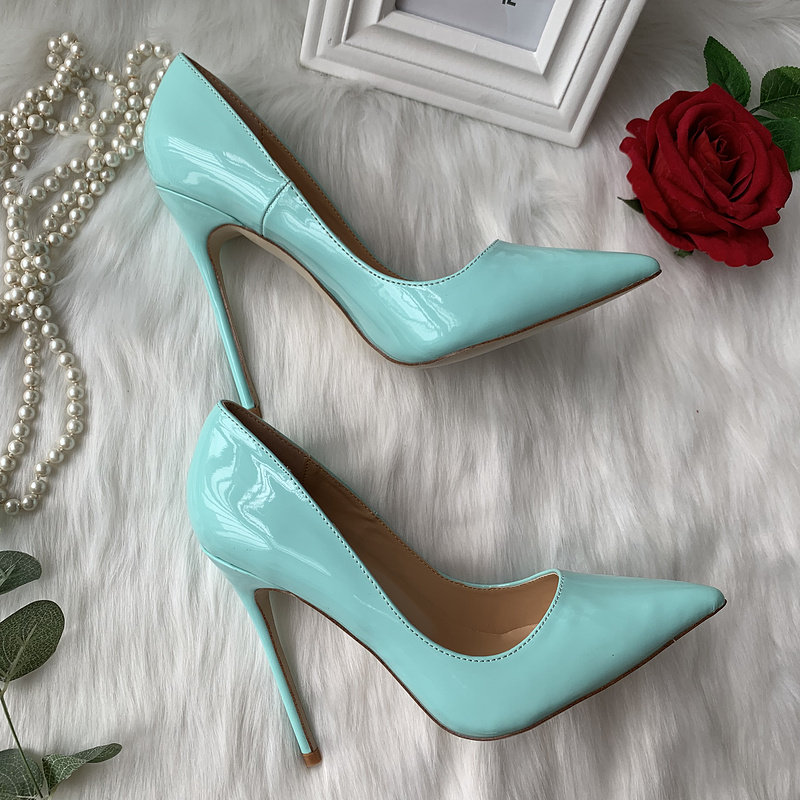 清爽糖果色漆皮松石蓝浅蓝淡蓝尖头露趾女神春夏大小码超细高跟鞋