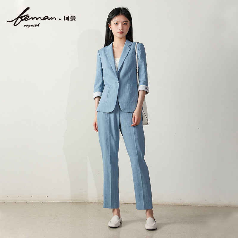 珂曼女装夏季女士西装外套西服上衣宽松七分袖亚麻棉麻休闲薄款