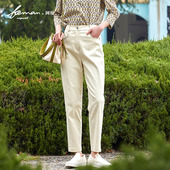 高腰显瘦小个子九分休闲烟管裤 女春秋新款 杏色直筒牛仔裤 珂曼女装