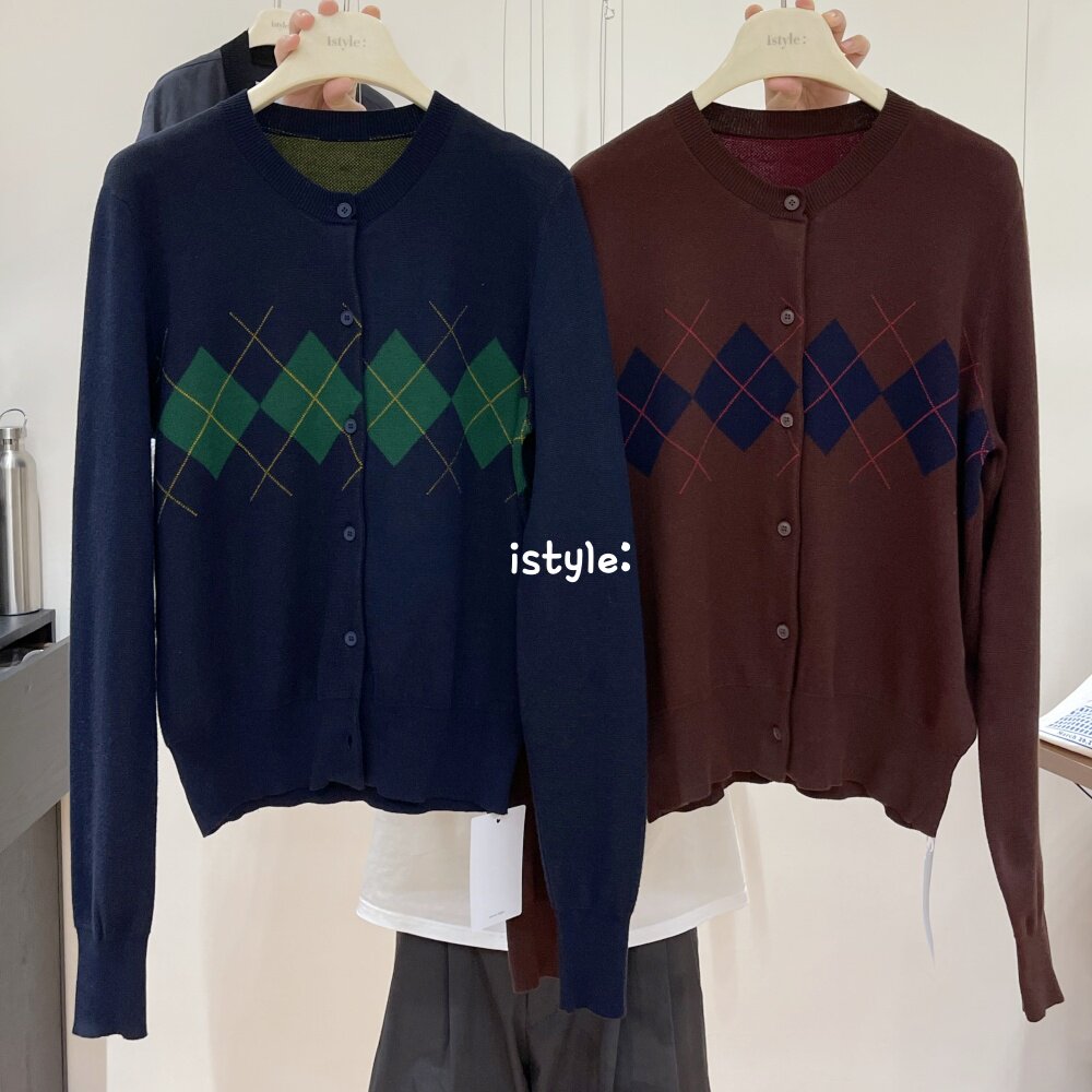 韩国istyle复古学院风菱格撞色针织开衫女短外套毛衣外套秋季新款