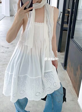 istyle韩版春夏森女白色蕾丝镂空绣花吊带连衣裙女叠穿无袖背心裙