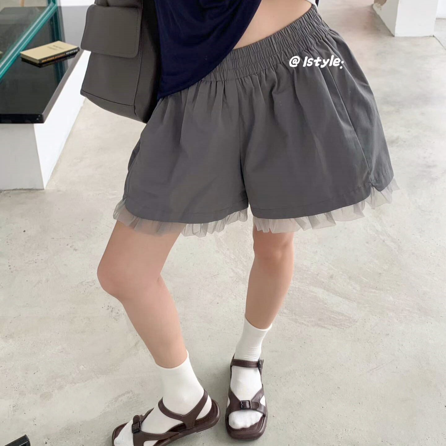 2026春夏istyle韩国芭蕾风网纱拼接短裤女松紧腰A字型宽松休闲裤