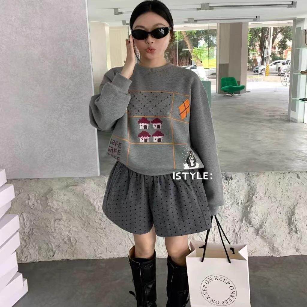 韩版istyle秋冬新款小清新波点印花靴裤高腰宽松显瘦阔腿休闲短裤