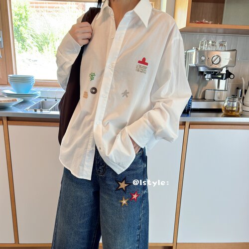 istyle韩版秋季休闲慵懒风白色刺绣衬衫女长袖宽松显瘦小众上衣潮